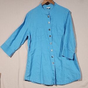 J. Jill Linen Light Blue 3/4 Sleeve Boxy Long Button Down Shirt / Dress. Women L